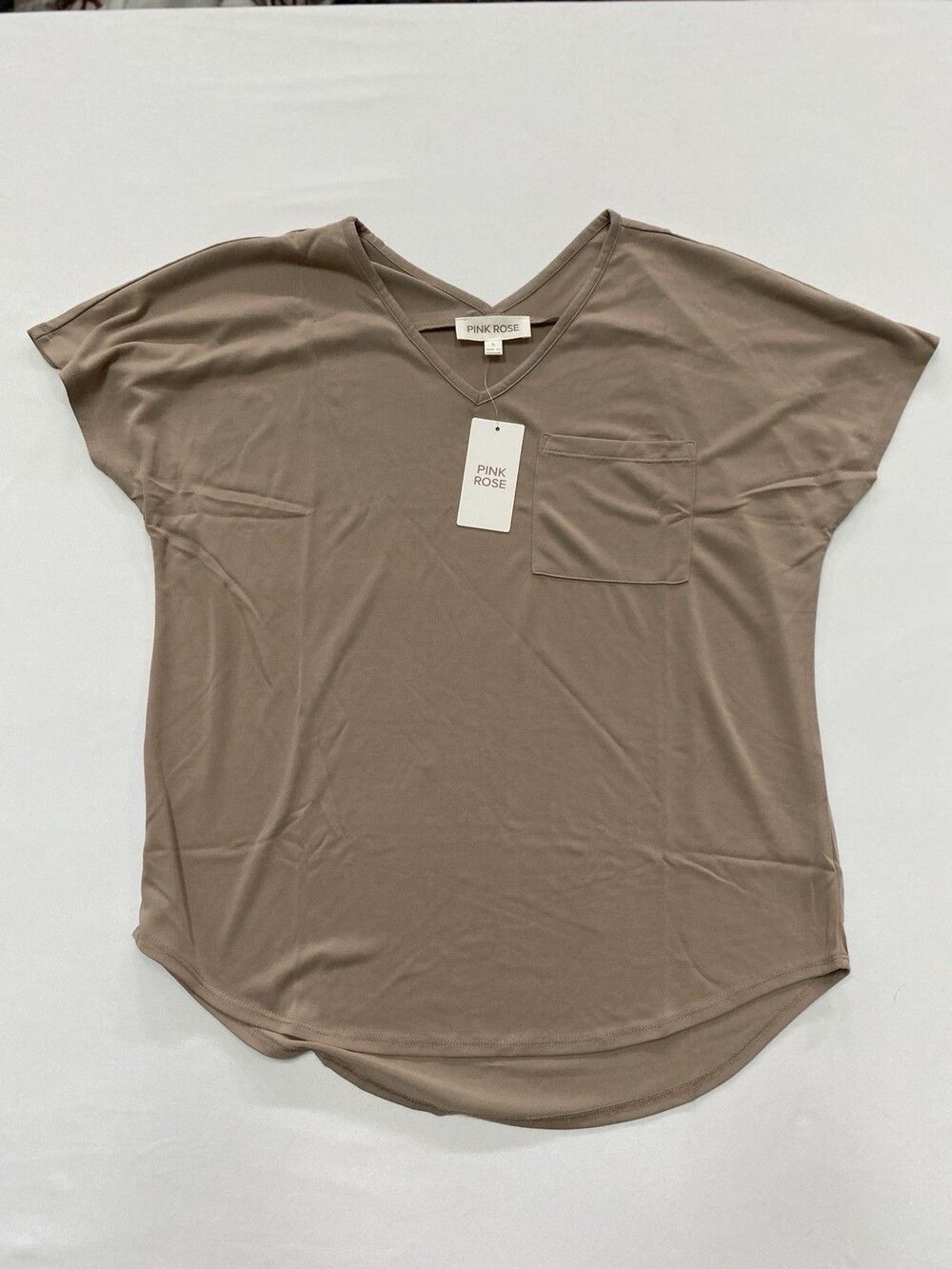 Pink Rose Womens L Taupe Brown V-Neck Short Sleeve Pocket T-Shirt NWT
